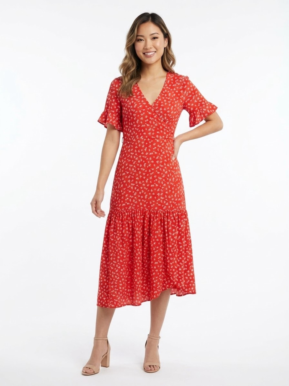 Chelsea28 red floral faux wrap ruffle midi dress size medium